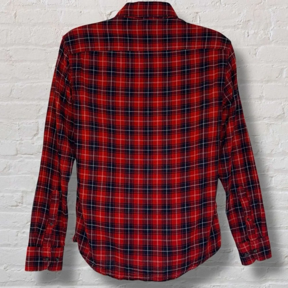 Banana Republic Slim Fit Plaid Flannel Shirt Red Navy Check Cotton Medium